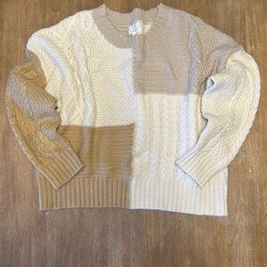 Cozy Life by The River Patchwork Cable Knit Sweater‎ Neutral Color Block Size L
